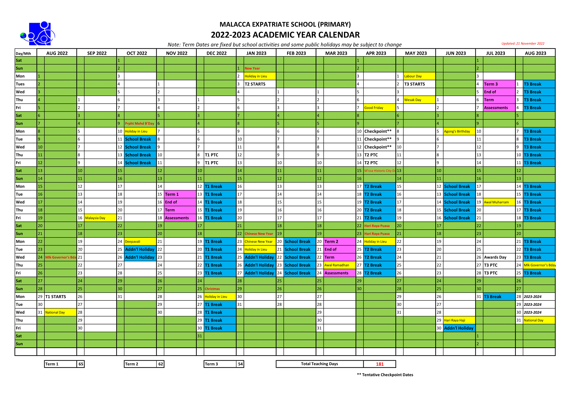 MES Primary School Calendar Malacca Expatriate School